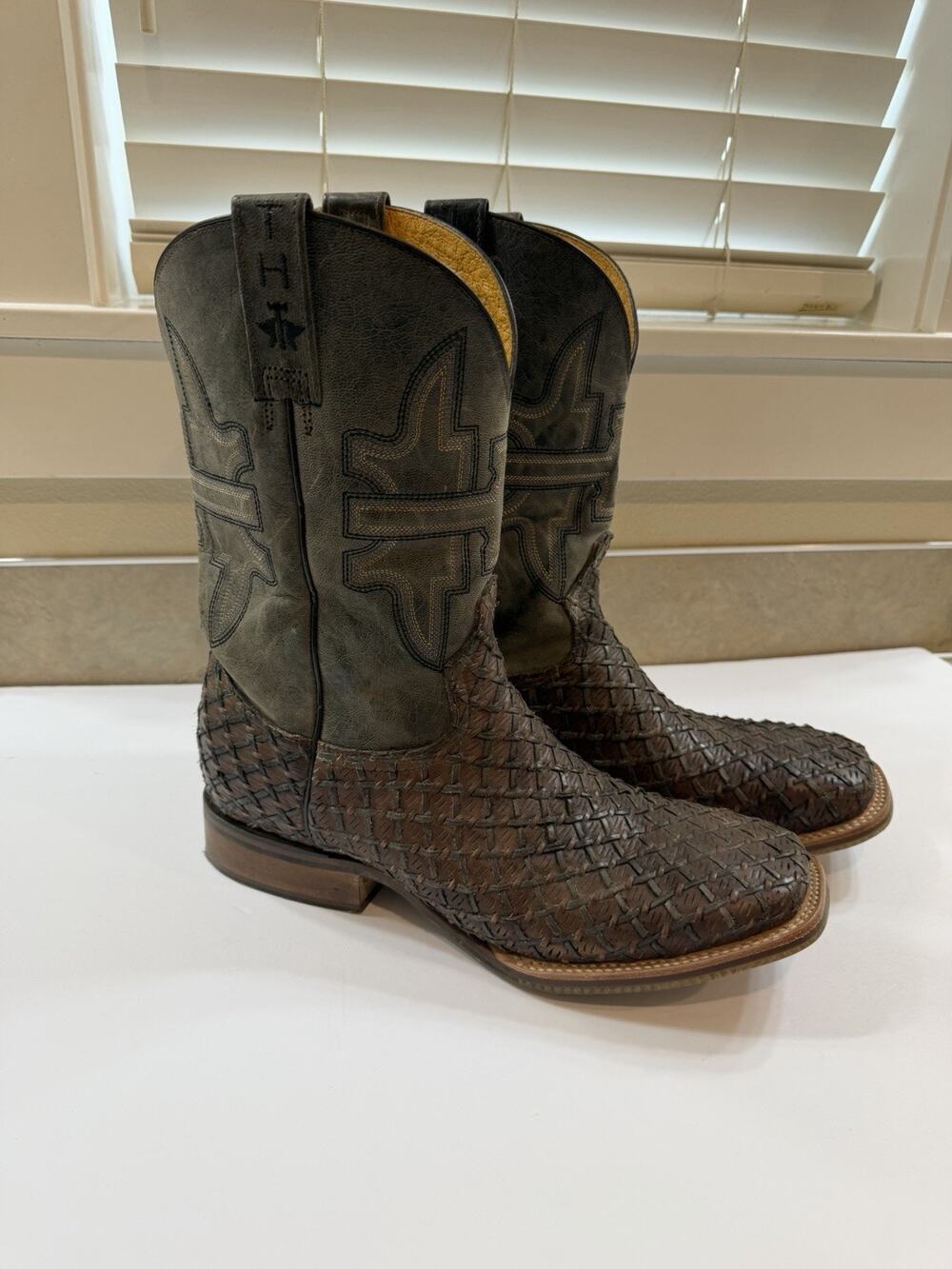 Tin Haul Son of a Buck Men’s Western Cowboy Boots 12D Brown Woven Leather TH